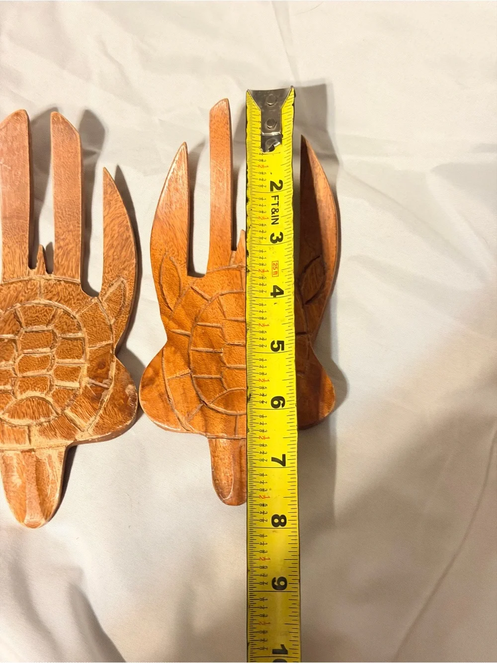 Vintage Carved Wood Sea Turtle Salad Servers Hawaiian Coastal Tiki Pair